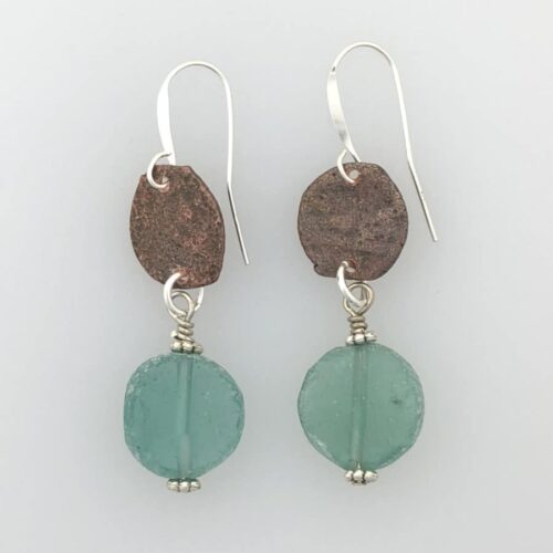 Raw Roman Glass and Bronze Coin Earrings