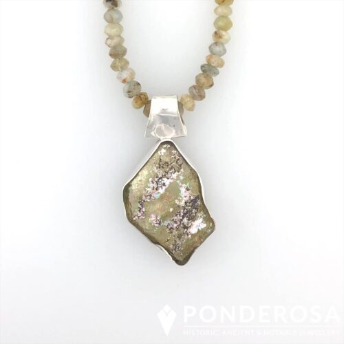 Roman Glass Necklace - Green Pattern with Aquamarine Stones